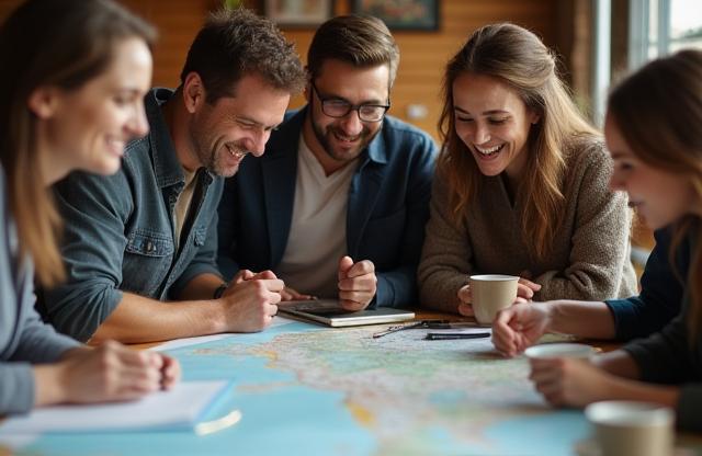 Team members looking at a map, planning a trip