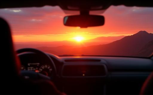Car parked facing sunset over a beautiful landscape
