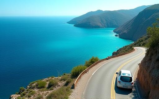 Car driving on a scenic coastal road overlooking the sea