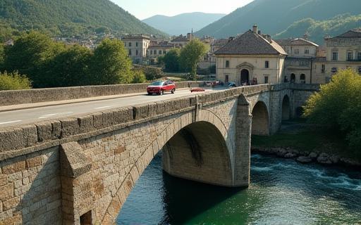 Driving across an old historic bridge over a river