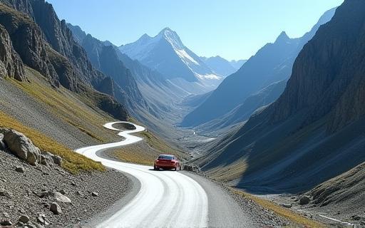 Car navigating a winding mountain pass road with dramatic peaks