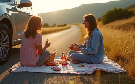 Enjoying a picnic by the roadside in a scenic spot
